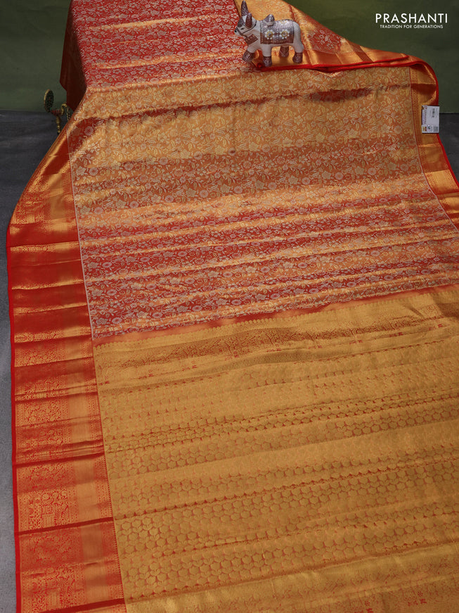 Pure kanchipuram tissue silk saree red shade with allover zari woven brocade weaves and zari woven border