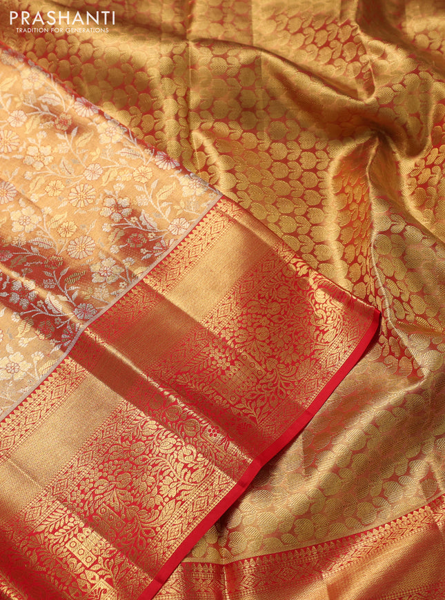 Pure kanchipuram tissue silk saree red shade with allover zari woven brocade weaves and zari woven border