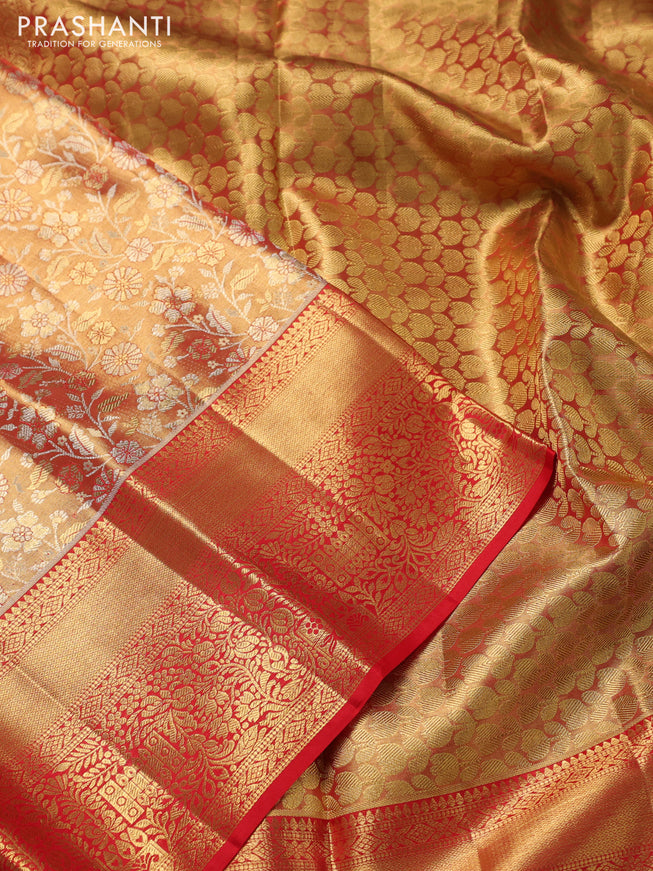 Pure kanchipuram tissue silk saree red shade with allover zari woven brocade weaves and zari woven border