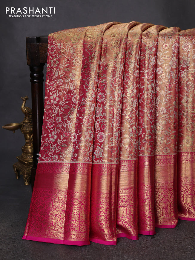 Pure kanchipuram tissue silk saree dual shade of pink with allover zari woven brocade weaves and zari woven border