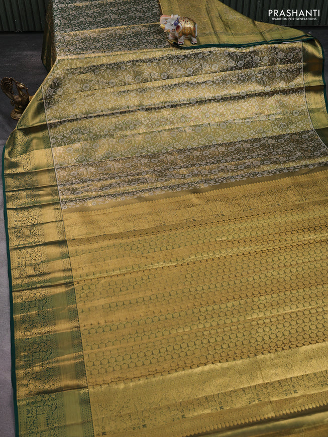Pure kanchipuram tissue silk saree mehendi green with allover zari woven brocade weaves and zari woven border