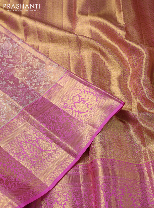 Pure kanchipuram tissue silk saree light pink with allover zari woven brocade weaves and zari woven border