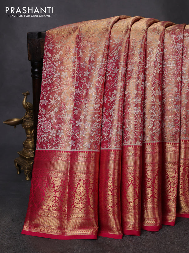 Pure kanchipuram tissue silk saree dual shade of gold and pink with allover zari woven brocade weaves and zari woven border