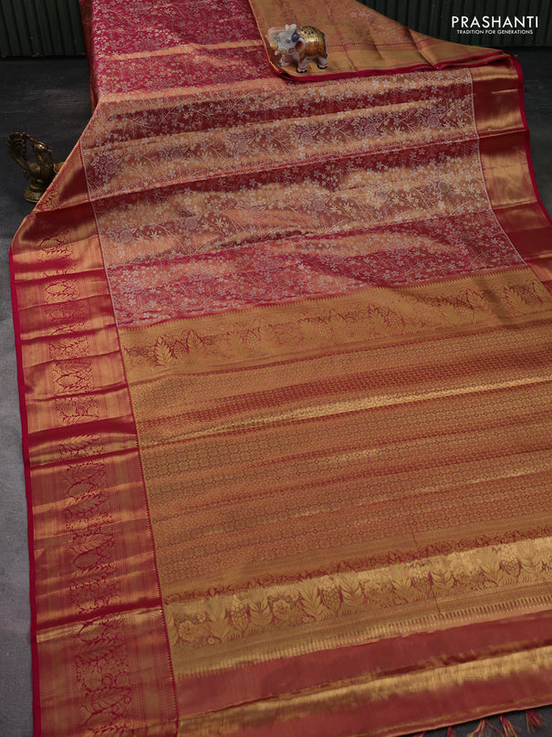 Pure kanchipuram tissue silk saree dual shade of gold and pink with allover zari woven brocade weaves and zari woven border
