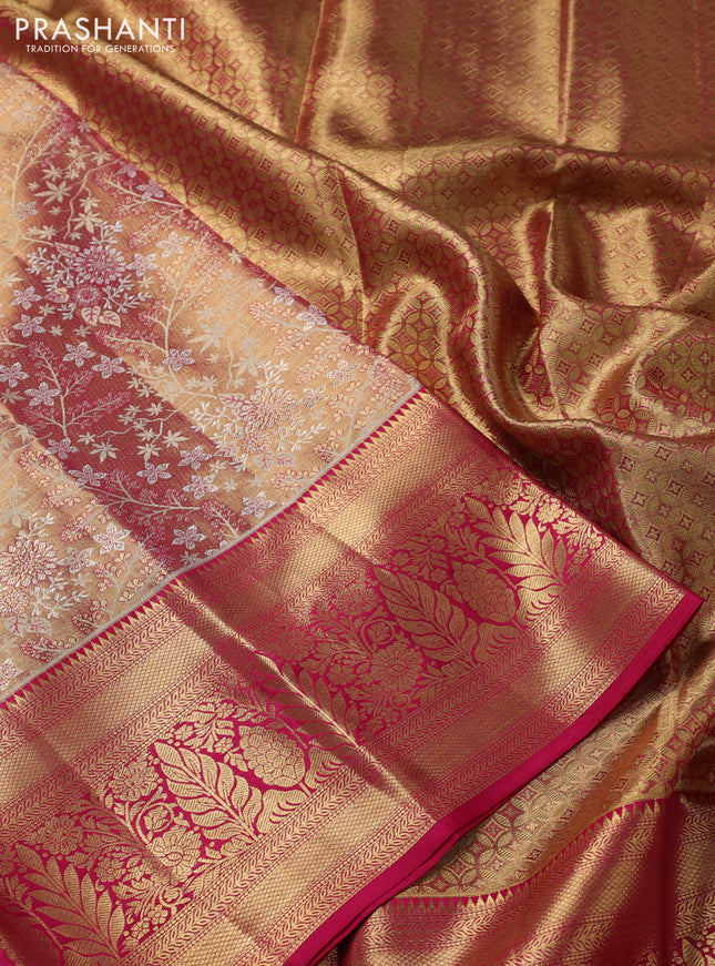 Pure kanchipuram tissue silk saree dual shade of gold and pink with allover zari woven brocade weaves and zari woven border