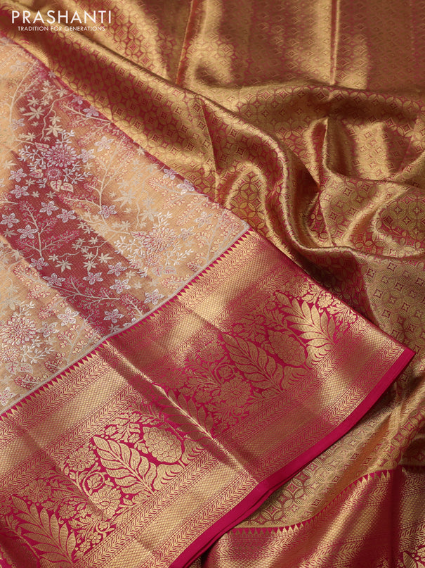 Pure kanchipuram tissue silk saree dual shade of gold and pink with allover zari woven brocade weaves and zari woven border