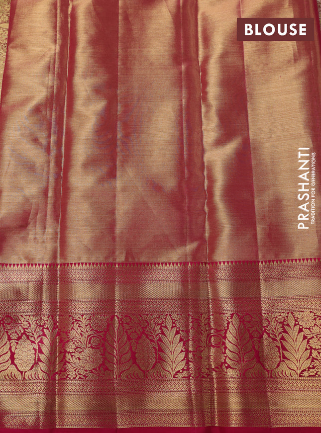Pure kanchipuram tissue silk saree dual shade of gold and pink with allover zari woven brocade weaves and zari woven border