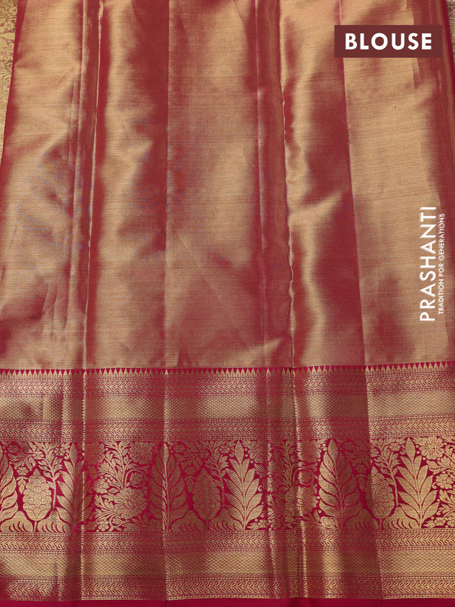 Pure kanchipuram tissue silk saree dual shade of gold and pink with allover zari woven brocade weaves and zari woven border