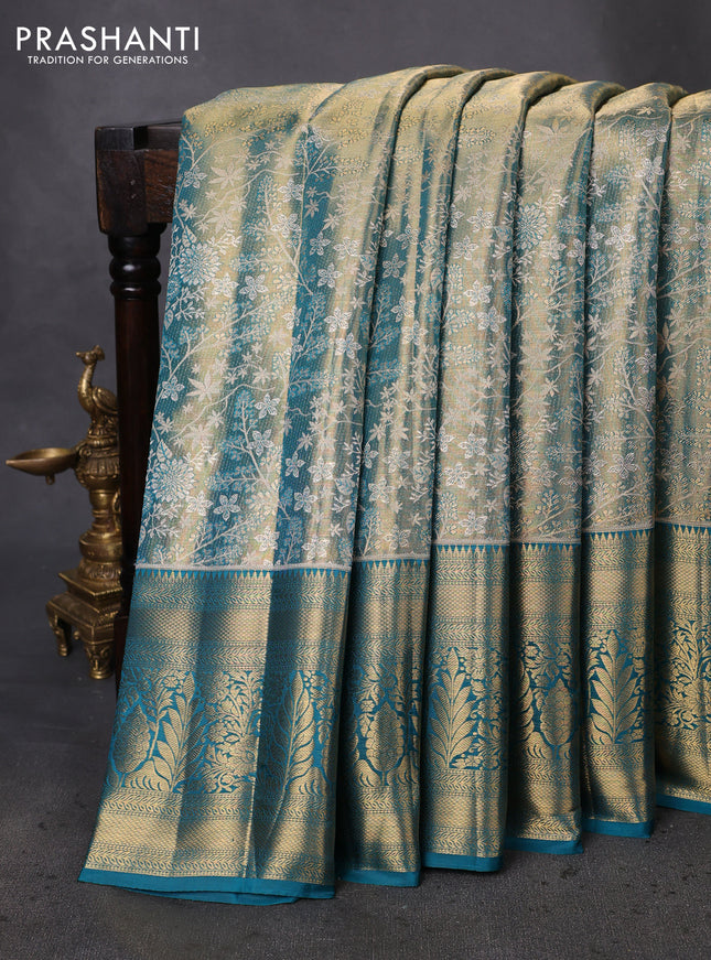 Pure kanchipuram tissue silk saree teal blue with allover zari woven brocade weaves and zari woven border