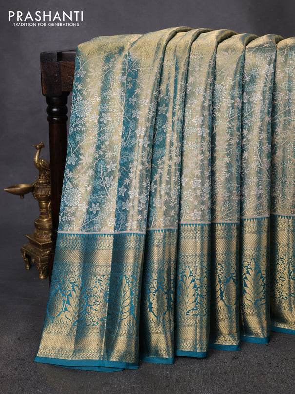 Pure kanchipuram tissue silk saree teal blue with allover zari woven brocade weaves and zari woven border