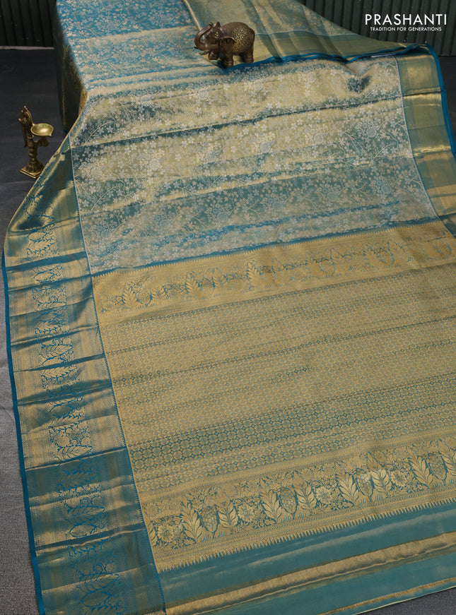 Pure kanchipuram tissue silk saree teal blue with allover zari woven brocade weaves and zari woven border