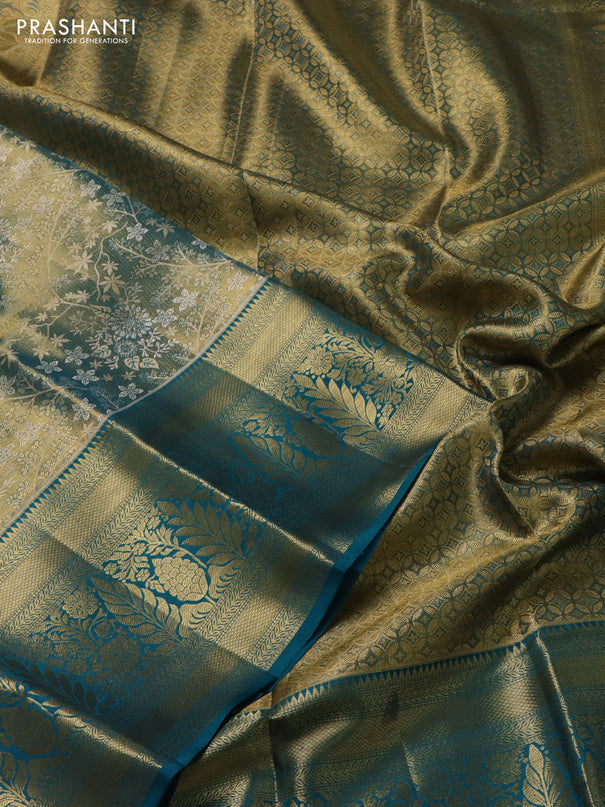 Pure kanchipuram tissue silk saree teal blue with allover zari woven brocade weaves and zari woven border
