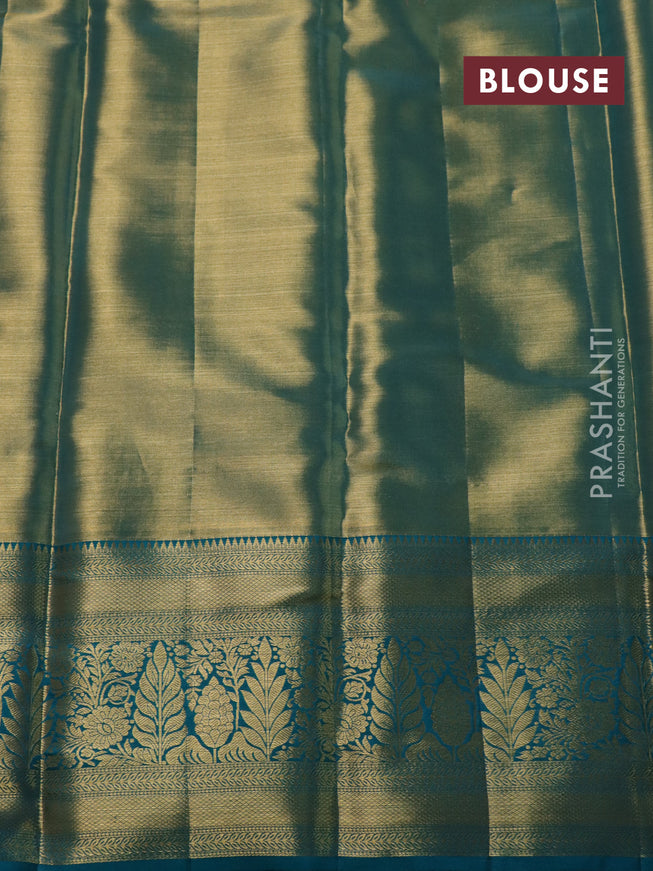 Pure kanchipuram tissue silk saree teal blue with allover zari woven brocade weaves and zari woven border