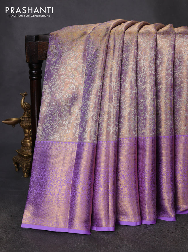 Pure kanchipuram tissue silk saree pastel lavender with allover zari woven brocade weaves and zari woven border