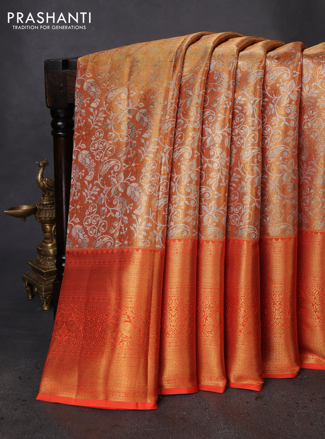 Pure kanchipuram tissue silk saree mustard yellow and orange with allover zari woven brocade weaves and zari woven border