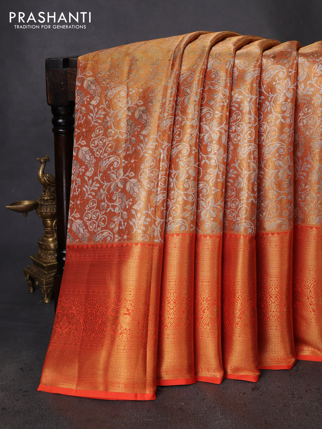 Pure kanchipuram tissue silk saree mustard yellow and orange with allover zari woven brocade weaves and zari woven border
