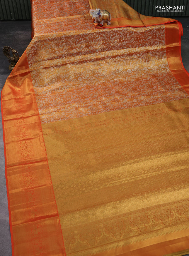 Pure kanchipuram tissue silk saree mustard yellow and orange with allover zari woven brocade weaves and zari woven border