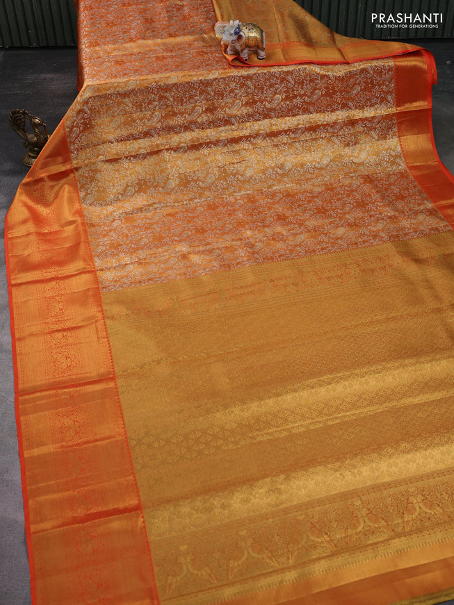 Pure kanchipuram tissue silk saree mustard yellow and orange with allover zari woven brocade weaves and zari woven border