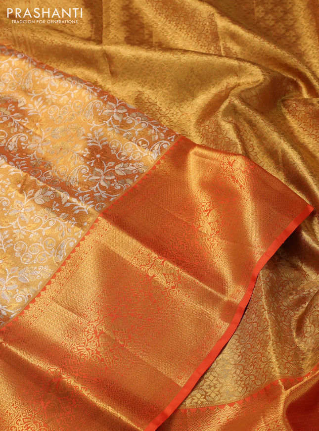Pure kanchipuram tissue silk saree mustard yellow and orange with allover zari woven brocade weaves and zari woven border