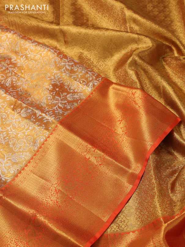 Pure kanchipuram tissue silk saree mustard yellow and orange with allover zari woven brocade weaves and zari woven border