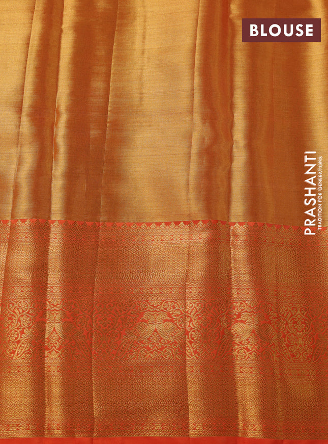 Pure kanchipuram tissue silk saree mustard yellow and orange with allover zari woven brocade weaves and zari woven border