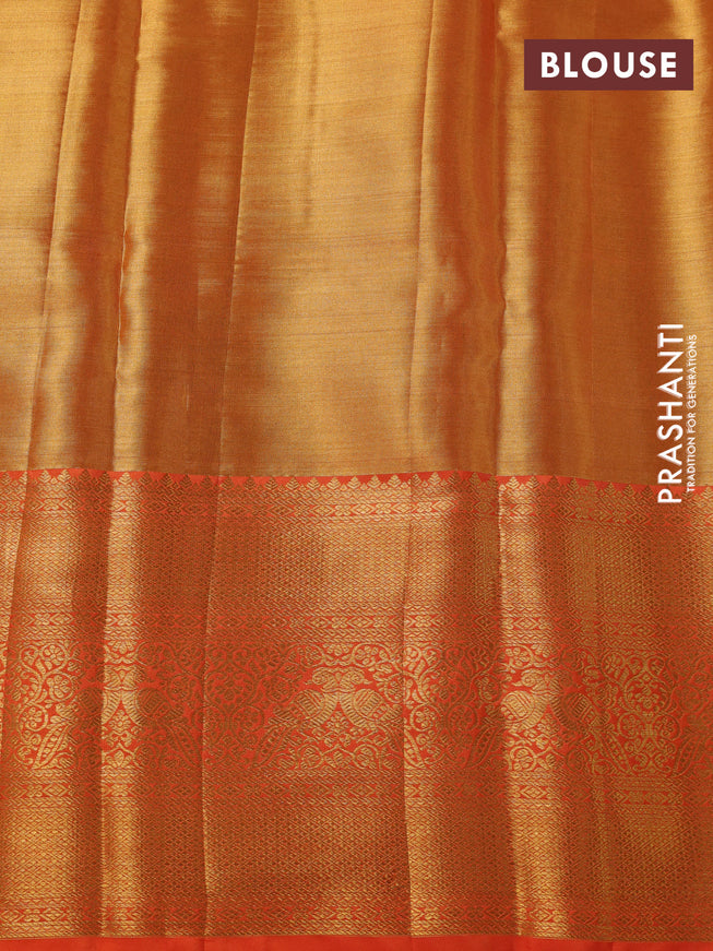 Pure kanchipuram tissue silk saree mustard yellow and orange with allover zari woven brocade weaves and zari woven border
