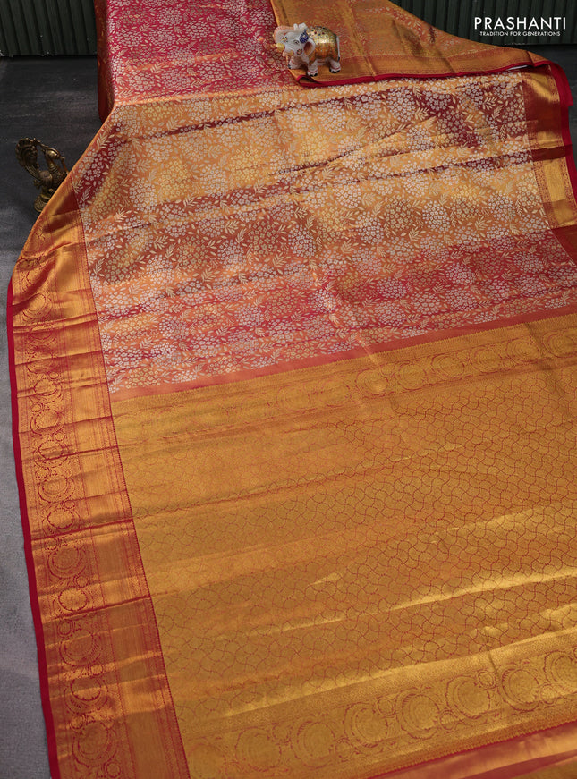 Pure kanchipuram tissue silk saree dual shade of gold and pink with allover zari woven brocade weaves and zari woven border