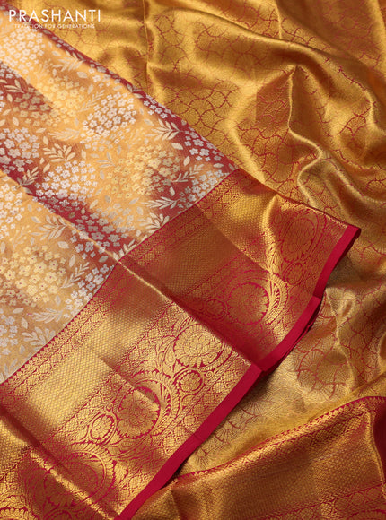 Pure kanchipuram tissue silk saree dual shade of gold and pink with allover zari woven brocade weaves and zari woven border
