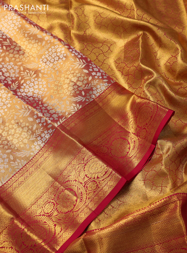 Pure kanchipuram tissue silk saree dual shade of gold and pink with allover zari woven brocade weaves and zari woven border