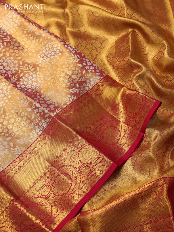 Pure kanchipuram tissue silk saree dual shade of gold and pink with allover zari woven brocade weaves and zari woven border