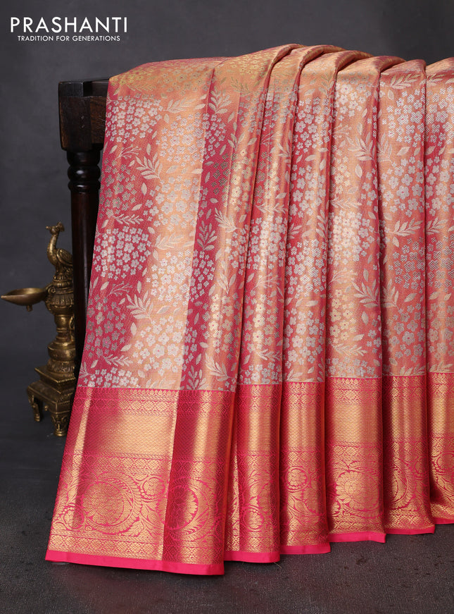 Pure kanchipuram tissue silk saree peach pink with allover zari woven brocade weaves and zari woven border