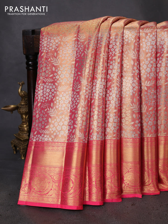 Pure kanchipuram tissue silk saree peach pink with allover zari woven brocade weaves and zari woven border