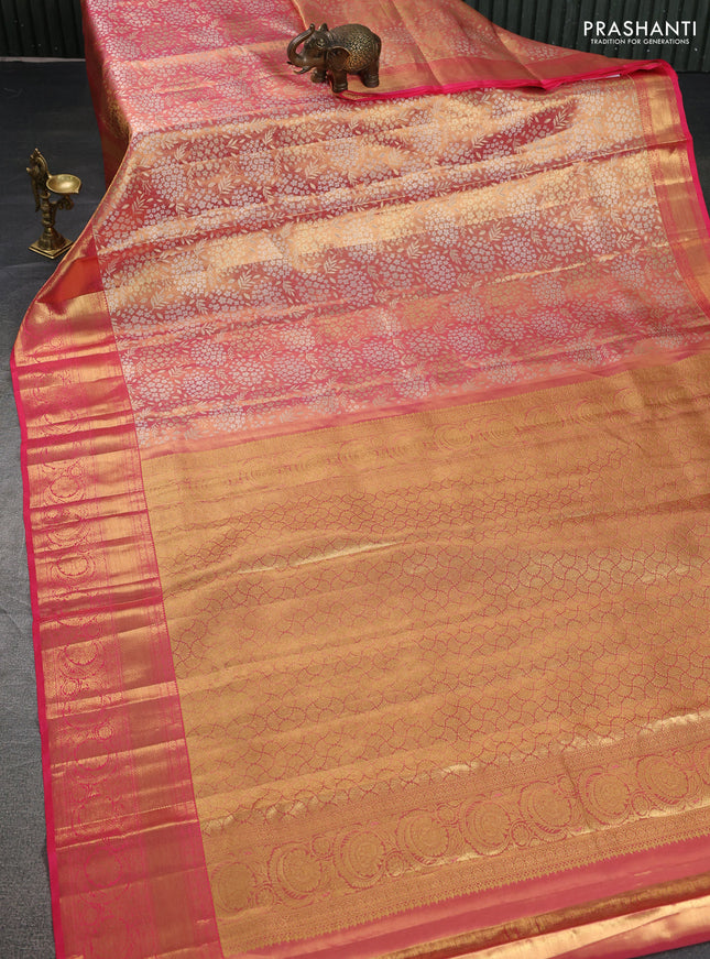 Pure kanchipuram tissue silk saree peach pink with allover zari woven brocade weaves and zari woven border