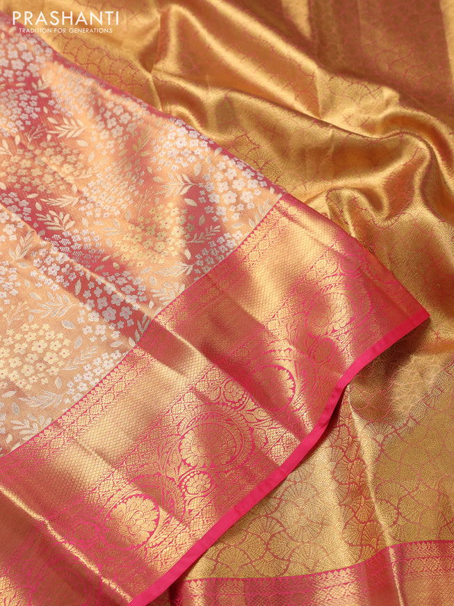 Pure kanchipuram tissue silk saree peach pink with allover zari woven brocade weaves and zari woven border