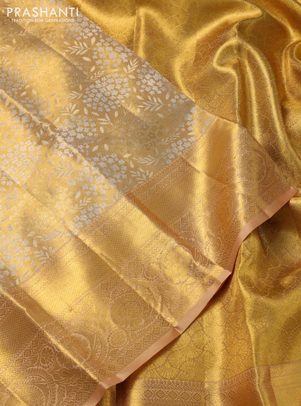 Pure kanchipuram tissue silk saree sandal with allover zari woven brocade weaves and zari woven border