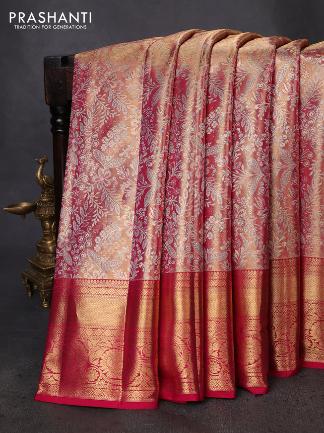 Pure kanchipuram tissue silk saree dual shade of pink with allover zari woven brocade weaves and zari woven border