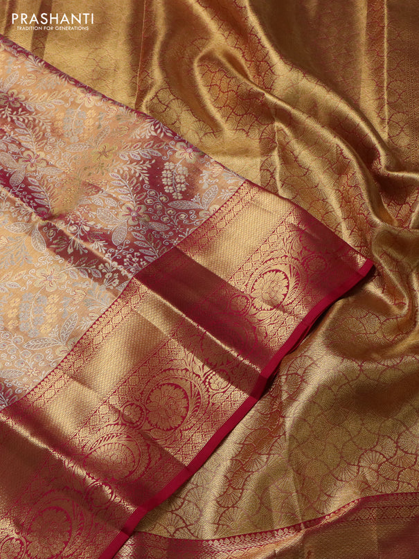 Pure kanchipuram tissue silk saree dual shade of pink with allover zari woven brocade weaves and zari woven border