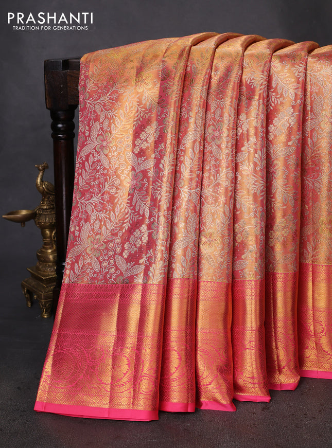 Pure kanchipuram tissue silk saree dual shade of peach pink with allover zari woven brocade weaves and zari woven border