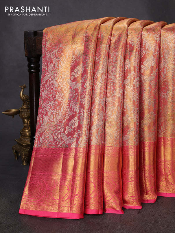 Pure kanchipuram tissue silk saree dual shade of peach pink with allover zari woven brocade weaves and zari woven border
