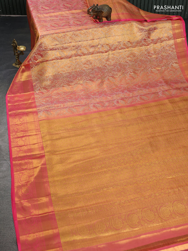 Pure kanchipuram tissue silk saree dual shade of peach pink with allover zari woven brocade weaves and zari woven border
