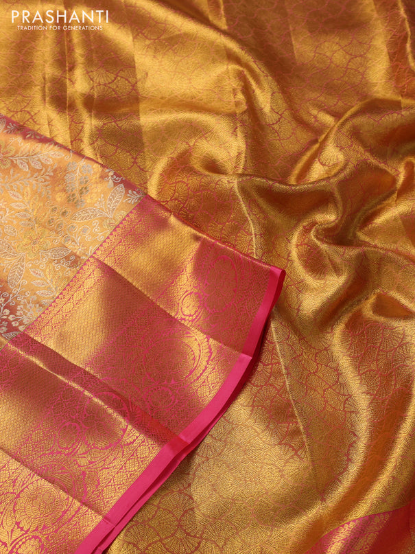 Pure kanchipuram tissue silk saree dual shade of peach pink with allover zari woven brocade weaves and zari woven border