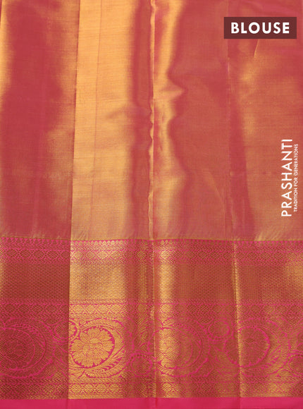 Pure kanchipuram tissue silk saree dual shade of peach pink with allover zari woven brocade weaves and zari woven border
