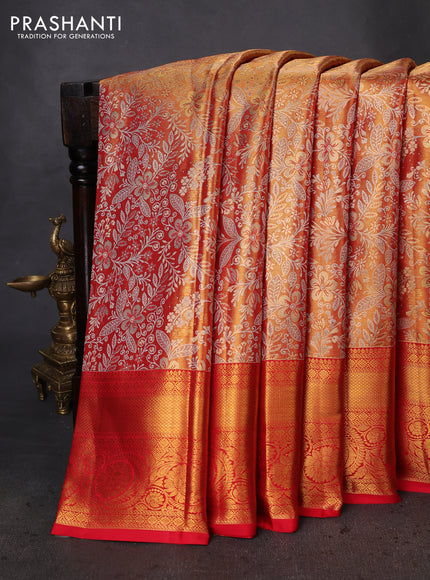 Pure kanchipuram tissue silk saree gold and red with allover zari woven brocade weaves and zari woven border