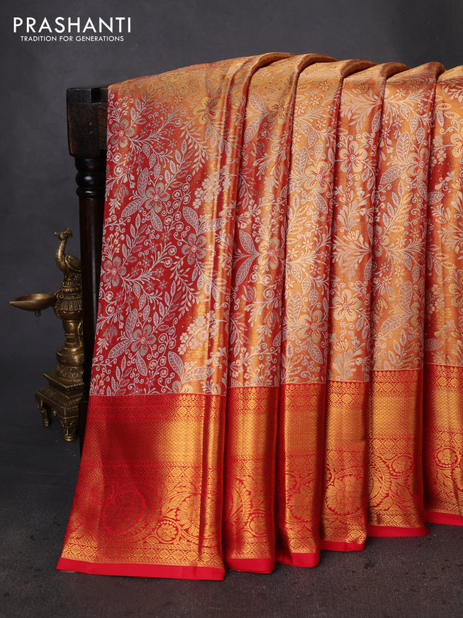 Pure kanchipuram tissue silk saree gold and red with allover zari woven brocade weaves and zari woven border