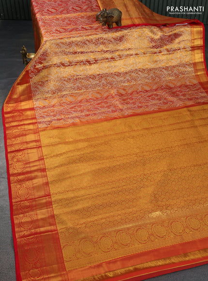 Pure kanchipuram tissue silk saree gold and red with allover zari woven brocade weaves and zari woven border