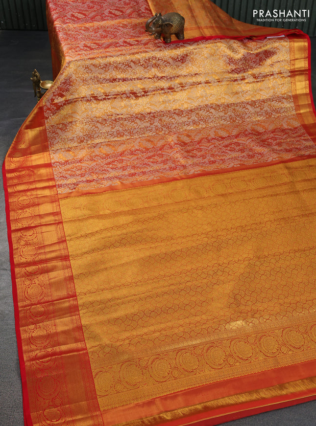 Pure kanchipuram tissue silk saree gold and red with allover zari woven brocade weaves and zari woven border
