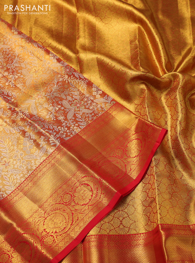 Pure kanchipuram tissue silk saree gold and red with allover zari woven brocade weaves and zari woven border