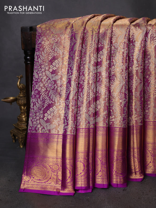 Pure kanchipuram tissue silk saree dual shade of purple with allover zari woven brocade weaves and zari woven border