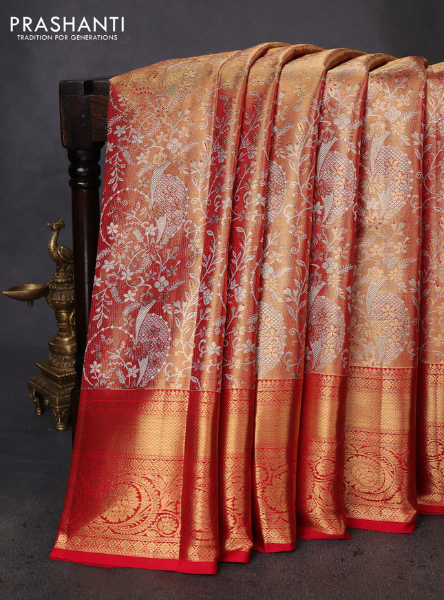 Pure kanchipuram tissue silk saree red shade with allover zari woven brocade weaves and zari woven border