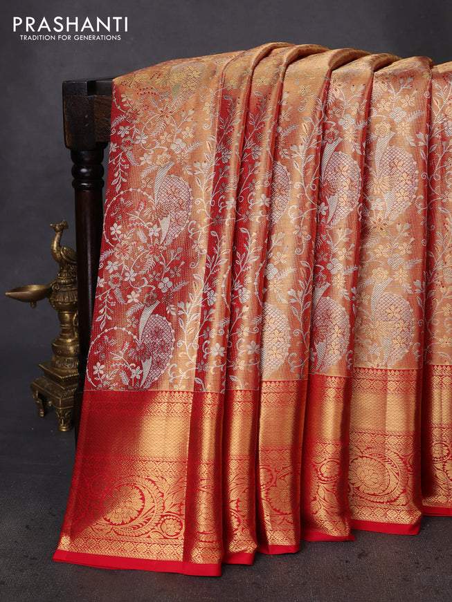 Pure kanchipuram tissue silk saree red shade with allover zari woven brocade weaves and zari woven border